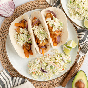 Cornmeal-Crusted Fish Tacos with Bell Pepper, Onion & Avocado Slaw