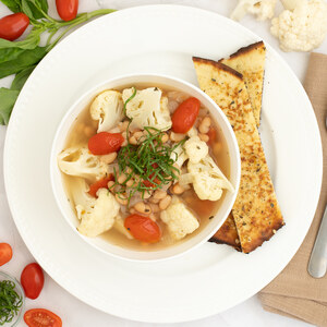 White Bean-Cauliflower Soup with Tomato, Fresh Basil & Garlic Sticks