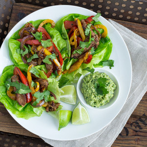 Strip Steak & Bell Pepper Fajitas with Guacamole & Butter Lettuce