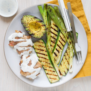 Lemony Chicken Thighs with Charred Scallion Dressing & Grilled Veggies