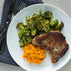 Pan-Fried Pork Chops with Roasted Broccoli & Sweet Potato Mash