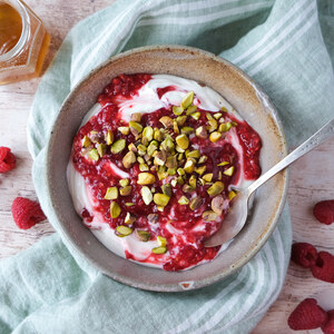 Greek Yogurt with Honey-Raspberry Swirl & Pistachios