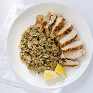 Pan-Fried Chicken Breast with Lemony Mushroom & Herb Rice