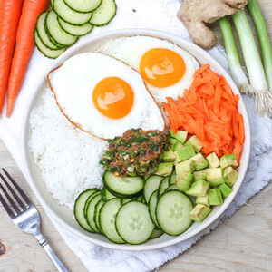 Fried Egg Rice Bowl with Pickled Carrot & Ginger-Green Onion Sauce