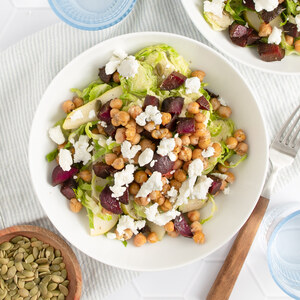 Brussels Sprout Salad with Warm Chickpeas, Beet, Pear & Goat Cheese