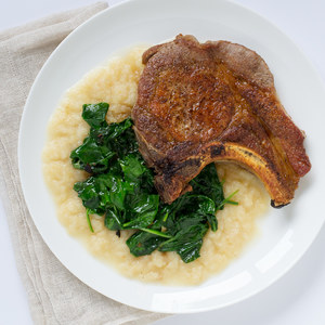 Pan-Fried Pork Chops with Sautéed Spinach & Parsnip-Apple Purée