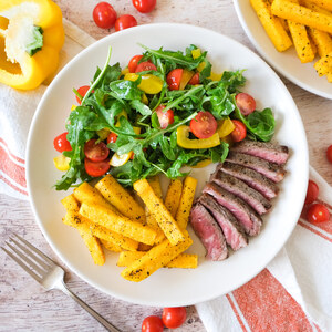 NY Steak with Herbed Polenta Fries & Tomato Bell Pepper-Arugula Salad