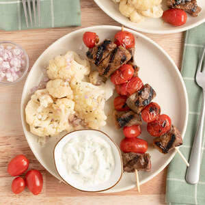 Balsamic Steak-Tomato Skewers with Steamed Cauliflower & Tzatziki