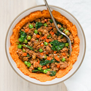 Upside-Down Beef "Cottage Pie" with Spinach, Peas & Sweet Potato Mash